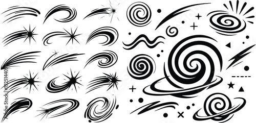 Collection of abstract swirling line art designs and shapes