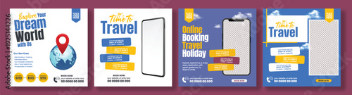 Travel Agency Promotional Advertising Pack with Social Media Post Templates, Study Abroad, Hotel Resort Booking, Tour Package, Summer Holiday Vacation, Square Flyer Poster Collection Bundle.