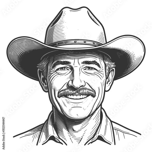 smiling cowboy wearing wide brim hat and button shirt, western character isolated on white sketch engraving generative ai fictional character vector illustration. Scratch board. Black and white image.