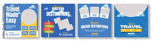 Travel Agency Social Media Pack with Banner Templates, Square Flyer Poster Collections, Study Abroad, Hotel Resort Booking, Holiday Vacation, Summer Tour Package Advertising Promotion.