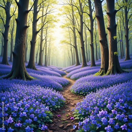 Bluebell Bloom: Spring Woodland Illustration on White Background. Colorful Forest Floor Scene. Nature Design Element. Isolated Floral Image.