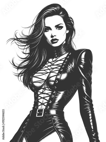 confident woman wearing a lace up leather outfit, expressing bold gothic fashion and modern glamour style sketch engraving generative ai vector illustration. Scratch board. Black and white image.