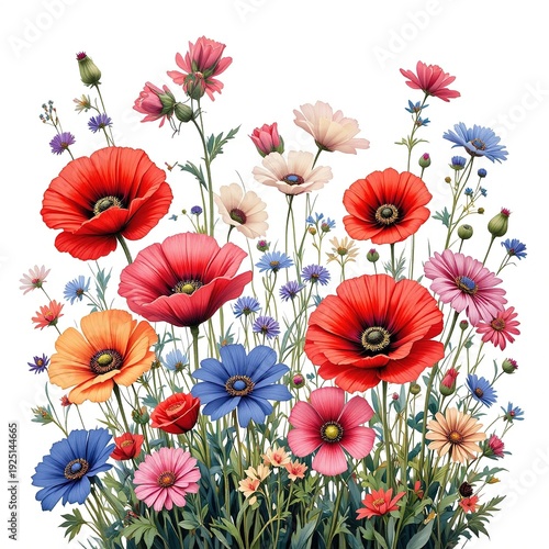 Botanical Illustration: Poppies & Cornflowers Wall Decor. Floral Art Print on White. Elegant Flower Design for Home Interior. Isolated.