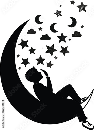 Dreamy silhouette illustration of person sitting on crescent moon with stars clouds sneakers whimsical night fantasy vector design