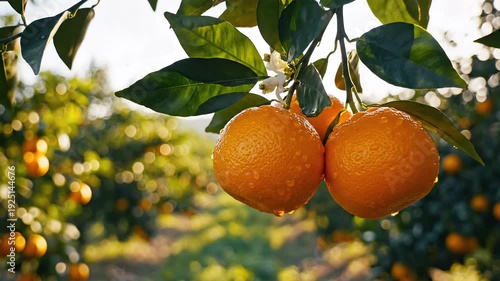 Closeup of ripe juicy oranges hanging from a branch in an orchard with sunlight filtering through the leaves showcasing a bountiful harvest and natural beauty.