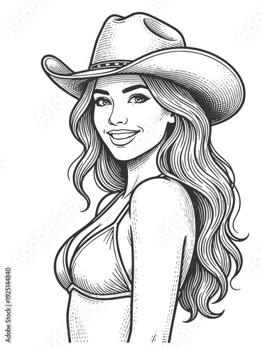 cheerful cowgirl wearing a western hat and summer top, expressing friendly country lifestyle and western charm sketch engraving generative ai vector illustration. Scratch board. Black and white image.