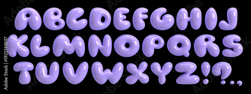 3D lilac plastic font. Bold bubble typescript. Y2K alphabet. Groovy light purple letters. Three-dimensional round typeface isolated on black background