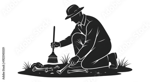 Silhouette of an archaeologist kneeling and using a brush to excavate ancient bones