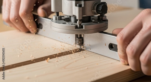 Craftsman using a table saw to cut a piece of wood in a workshop setting