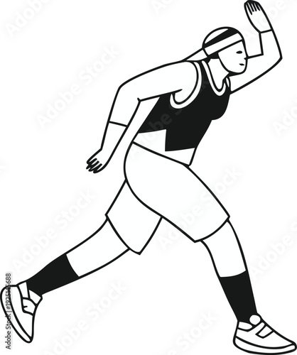 Black and white line art vector of a female runner in a starting position, wearing a headband, tank top, and shorts, ready to sprint