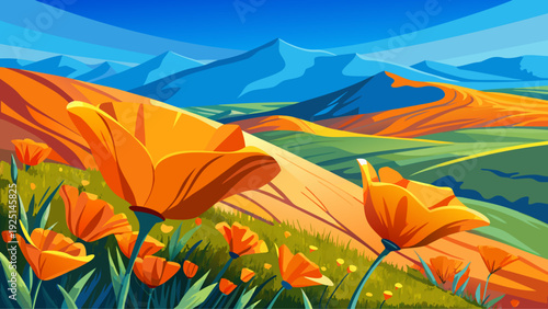Very beautiful close-up orange poppies blooming across rolling hills in Antelope Valley, glowing beneath a clear blue California sky in spring.
