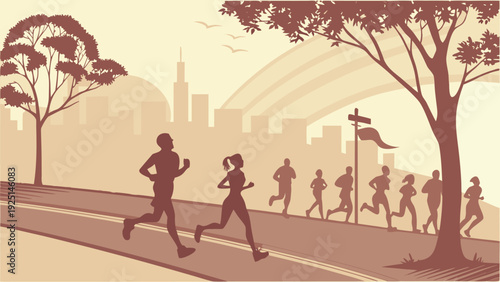 Silhouetted runners on a road with city skyline and trees in sepia tones