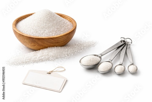 Wooden bowl overflowing sugar portion control concept with measured line beside plain measuring teaspoon set