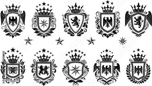 Collection of eight black and white heraldic shields with crowns and crests