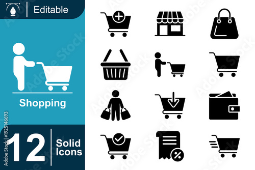Collection of shopping icons with plus, minus, cart, basket, wallet, and receipt symbols representing online and offline retail, e-commerce, and consumer activity