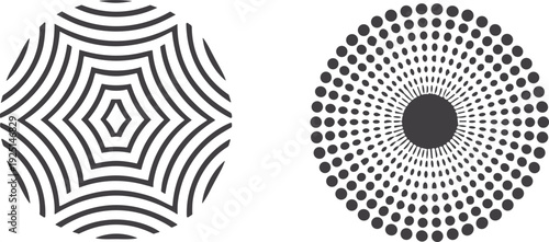 Dynamic abstract patterns: hexagonal vortex and radiating halftone dots, creating a modern, high-contrast visual effect with crisp monochrome.