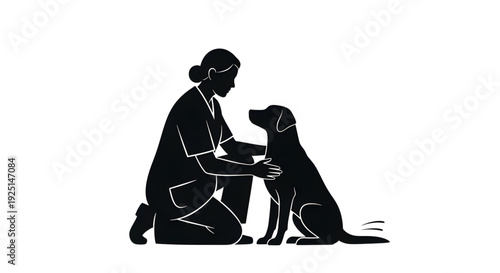 Silhouette of a female veterinarian kneeling to examine a pet dog