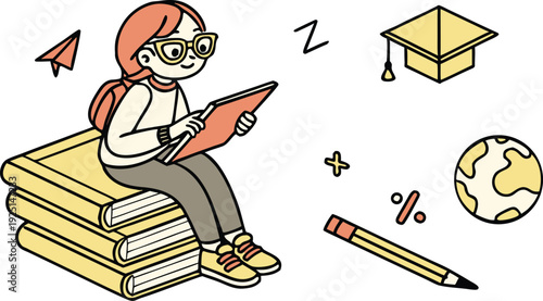 Student learning vector illustration. Young girl with glasses sitting on a stack of books, reading a textbook, surrounded by education-themed icons.