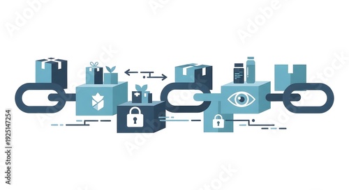 Blue and grey blockchain logistics network with connected boxes and chain links for secure supply chain