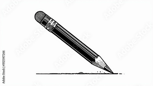 A detailed black and white illustration of a pencil actively writing on white paper