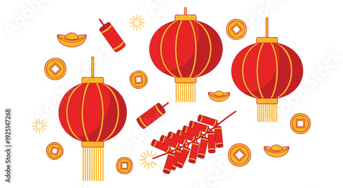 Chinese new year lanterns firecrackers coins gold illustration