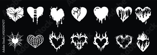 Broken heart silhouettes and grunge love symbols set isolated on black background. Cracked dripping heart shapes show pain emotion and romance themes. Flat vector icon collection.
