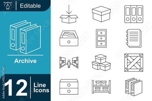 Editable Archive and Storage Line Icons Boxes, Files, Folders, Cabinets, Shelves, Binders, and Delivery Concepts