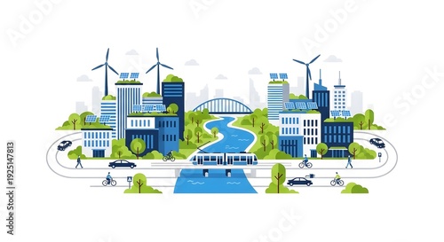 Modern sustainable smart city with blue and green buildings, wind turbines, and eco-friendly transport