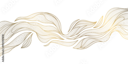 Elegant gold line floral pattern on white background, abstract waves, flowing curves, botanical elements. Luxury vector illustration, Japanese, Chinese ornament, geometric deco style, premium