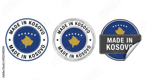 Set of 3 Made in Kosovo Blue and Gold Round Vector Labels