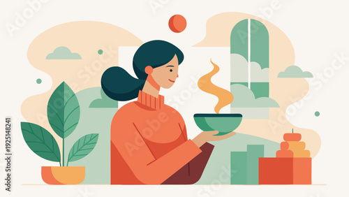 Woman sitting calmly near window holding bowl of spicy soup cozy home interior flat illustration