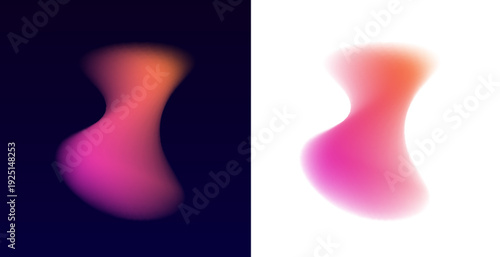 Glossy pink liquid gradient circle blends neon colors, scattered blot and soft blob forms float over surface. Drifting drops add depth. Purple glow illuminates curved form. Vector png banner.