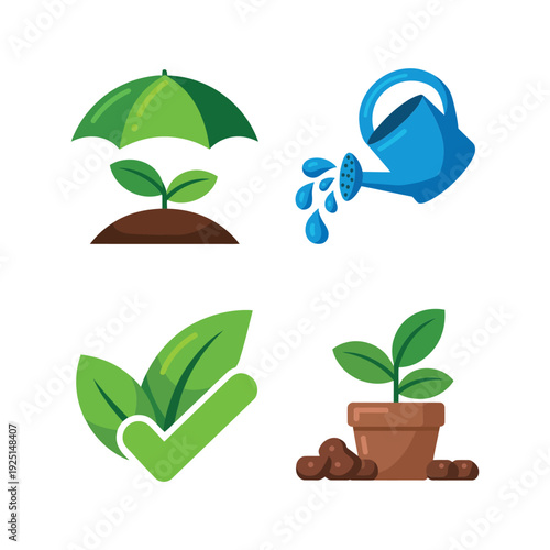 Eco gardening icons, seedling under umbrella, watering can pour, green check leaves, sustainability day event, climate resilient gardening session vector