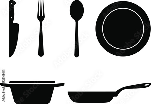 Black silhouettes of kitchen utensils and dishware on white