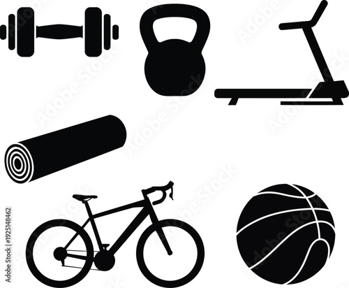 Black silhouettes of fitness equipment and sports gear