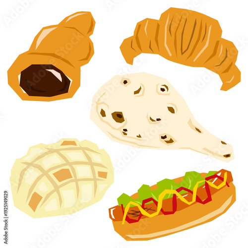チョココロネ クロワッサン メロンパン ナン ホットドッグのパンセット ベクターイラスト