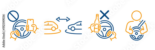 safety rules for the driver, icons, set icon of stop alcohol in car, distance between cars, using a phone while driving is prohibited, seat belt, line vector with editable stroke
