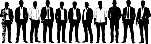 Professional business men silhouette vector collection featuring male corporate workers standing in formal suits for office team presentation design templates.