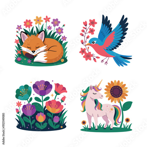 Whimsical animal garden set with sleeping fox, flying bird, unicorn among flowers, cute fairytale theme for kids prints and invitations