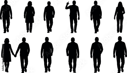 Set of black vector silhouettes featuring diverse casual people and a couple walking forward isolated on a solid white background.