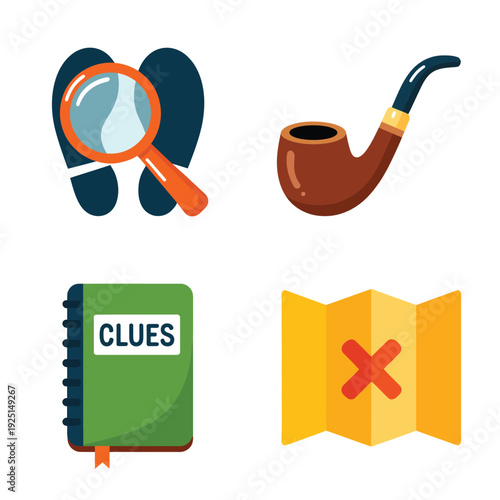 Mystery investigation icons with magnifying glass and footprints, notebook with clues, classic pipe and treasure map, crime solving graphics collection
