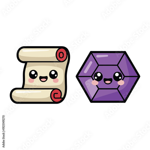 Cute treasure icons with smiling parchment scroll and faceted purple gem, cartoon reward graphics for kids game, pirate map design