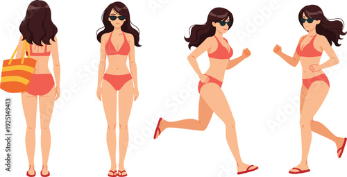 Young woman in bikini with sunglasses front back and running poses, summer beach lifestyle character vector illustration isolated