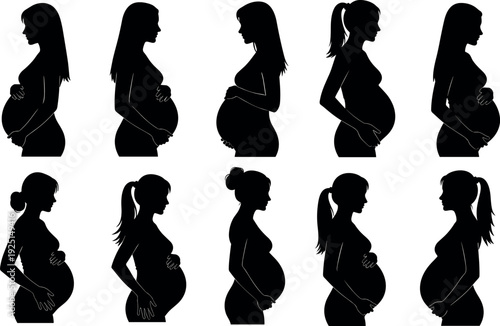 Set of pregnant women silhouettes in various poses and hairstyles isolated on white background for maternity and motherhood vector design.