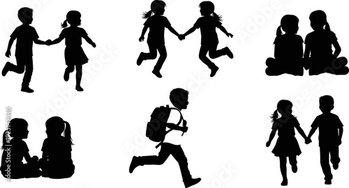 Children together silhouette set, boys and girls playing holding hands and running to school, childhood friendship and education concept, primary student youth,