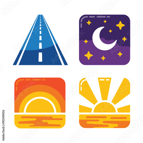 Highway travel icon set, route sign tiles, night drive, starry sky, road safety awareness event, map reading session, checkpoint rally
