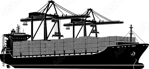 Cargo container ship silhouette at port with cranes, maritime logistics global trade transport, industrial freight harbor delivery business, nautical vessel export import,