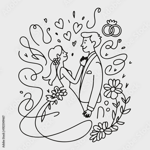 Romantic Wedding Couple Line Art – Bride and Groom Illustration with Floral & Heart Elements