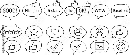 Social media reaction icons in speech bubbles, user feedback engagement symbols for digital marketing, online communication rating set, customer satisfaction review,