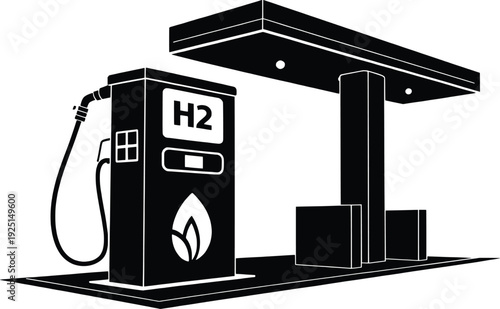 Black-and-white-illustration-of-a-hydrogen-fueling-station-with-a-pump